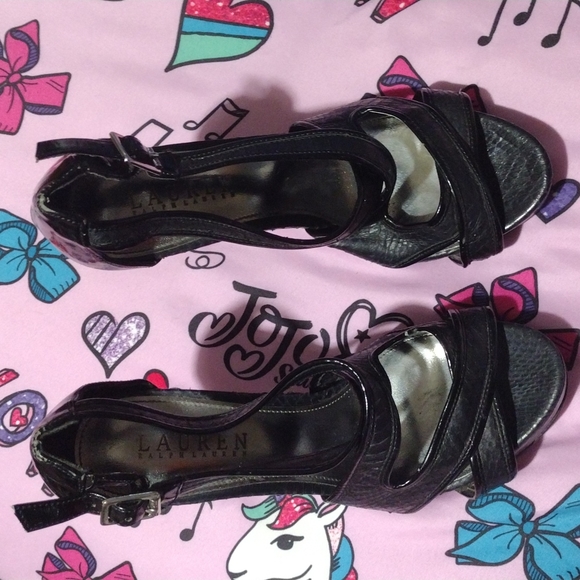 RALPH LAUREN FIANNA BLK SNAKE PATENT LEATHER HIGH HEEL SANDAL SZ 6 1/2B - Picture 1 of 4